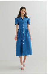 Tailored Button-Down Linen Midi Dress with Short Sleeves